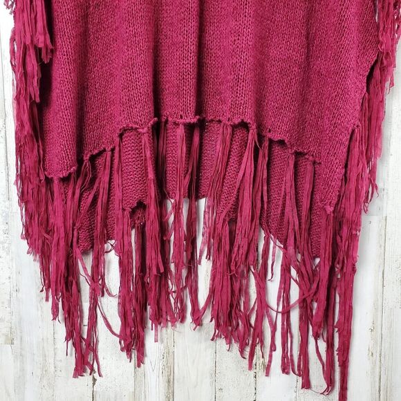 Maurices Boxy Loose Knit Fringe Shawl Sweater Maroon OSFM - Picture 7 of 11